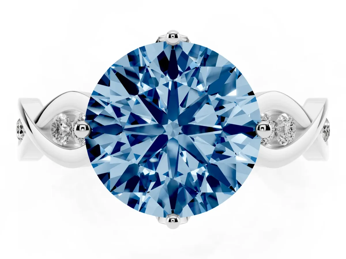 Fancy Blue Round Cut Solitaire Twist Band with Leaf Prong Setting Platinum
