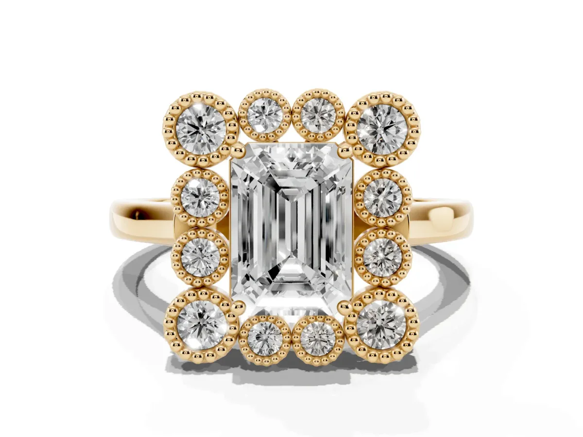 Emerald Cut Halo Diamond Cluster Engagement Ring with Milgrain Bezel Setting and Solitaire Band Yellow gold