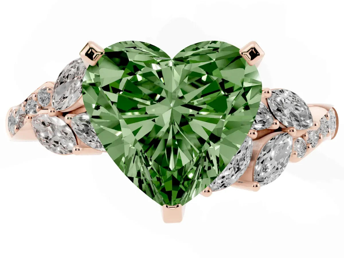 Fancy Green Heart Cut Solitaire Marquise Twist Band with Six-Prong Setting Rose gold