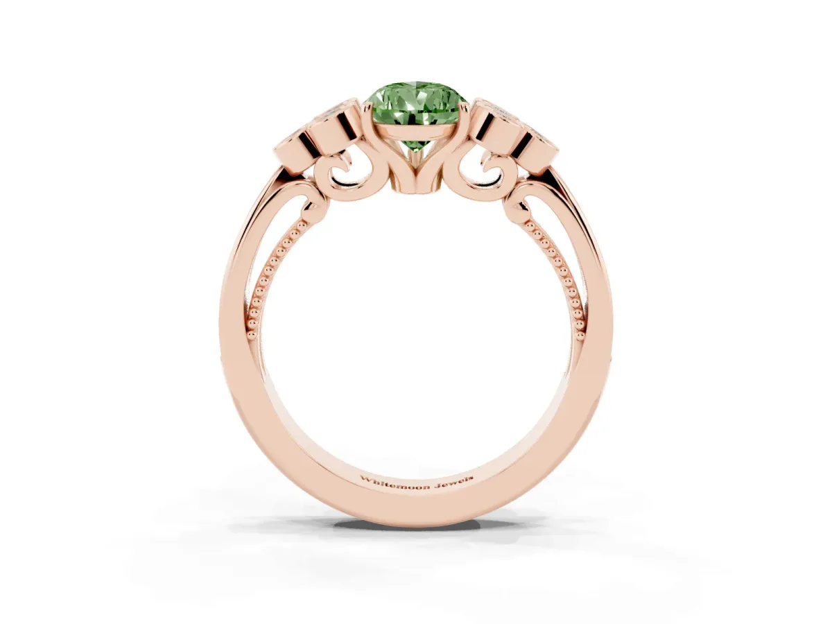 Fancy Green Pear Cut Cut Diamond Engagement Ring with Bezel Set Round Side Stones and Prong Setting Rose gold