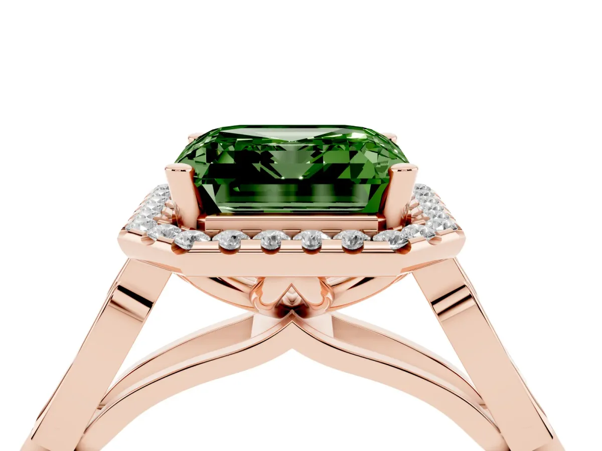 Fancy Green Asscher Cut Halo Diamond Engagement Ring with Filigree Band and Four-Prong Setting Rose gold
