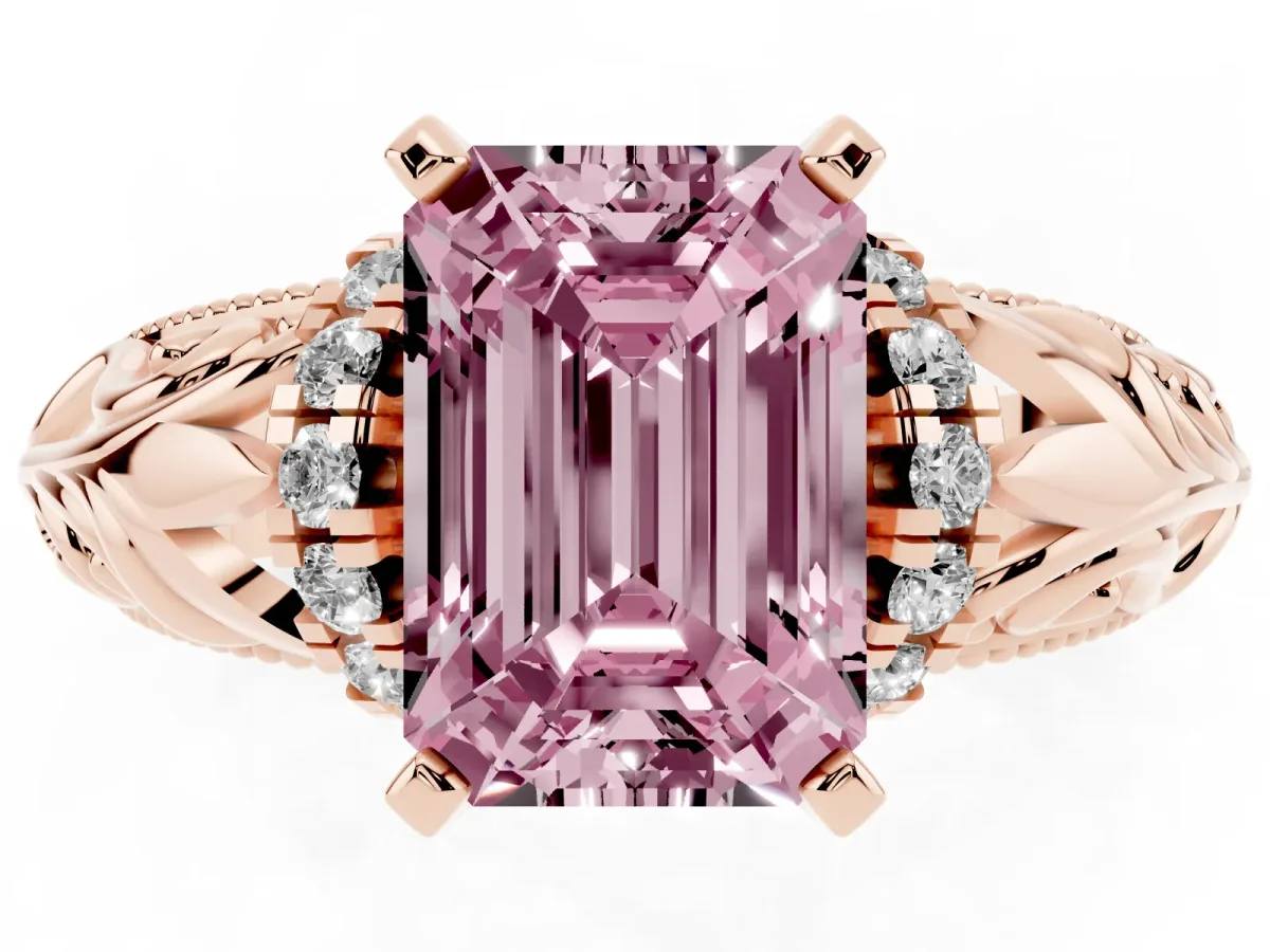 Fancy Pink Emerald Cut Solitaire Filigree Engagement Ring with Halo and Prong Setting Rose gold
