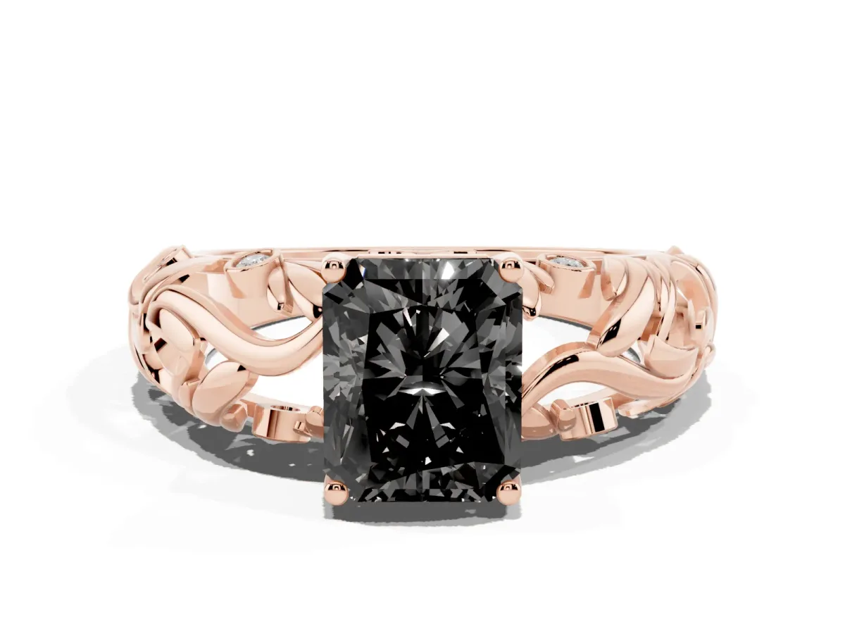 Fancy Black Radiant Cut Solitaire Diamond Leaf-Inspired Vine Band Ring with Prong Setting Rose gold