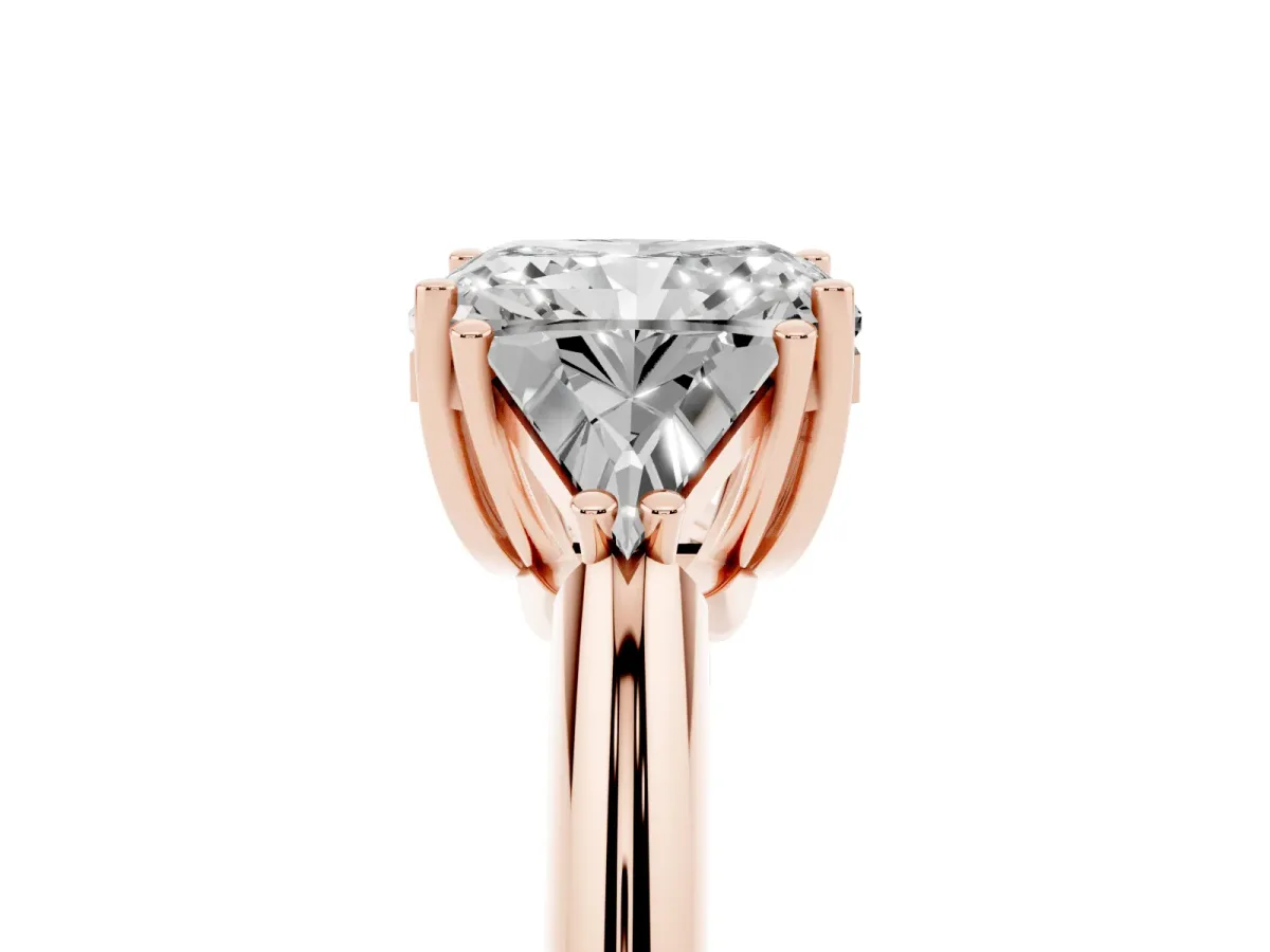 Three-Stone Radiant Cut Diamond Engagement Ring with Trillion Side Stones and Prong Setting Rose gold