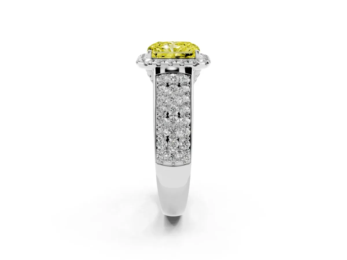 Fancy Yellow Radiant Cut Halo Round Diamond Pave Band with Prong Setting Silver