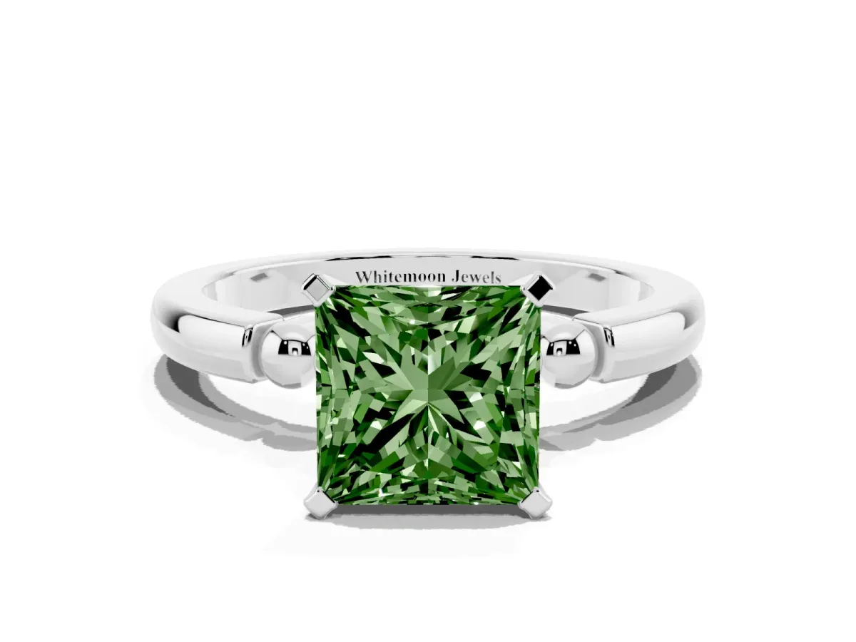 Fancy Green Princess Cut Solitaire Beaded Band with Four-Prong Setting Silver