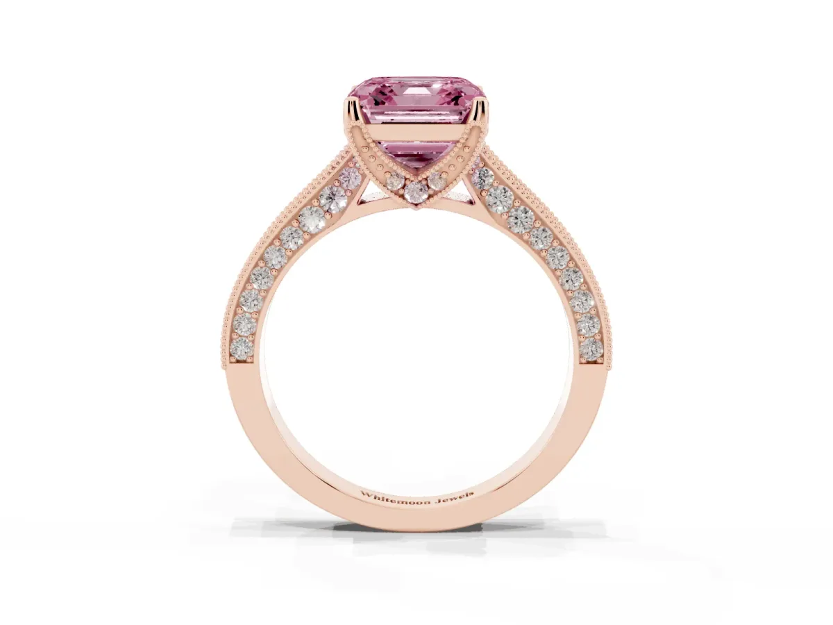Fancy Pink Asscher Cut Cut Diamond Solitaire Ring with Milgrain Pave Band and Four Prong Setting Rose gold