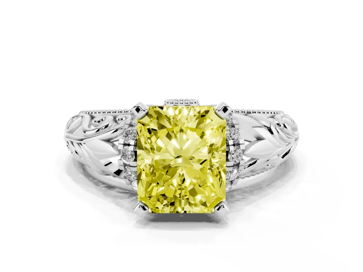 Fancy Yellow Radiant Cut Solitaire Filigree Engagement Ring with Halo and Prong Setting Platinum
