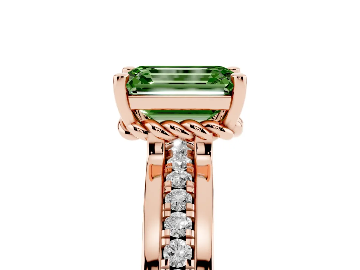 Fancy Green Emerald Cut Solitaire Diamond Ring with Channel Set Band and Six-Prong Setting Rose gold