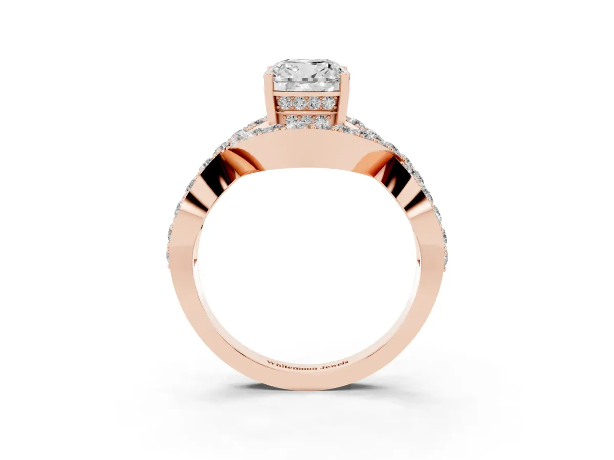 Cushion Cut Solitaire Twist Band Pavé Diamond Engagement Ring Rose gold