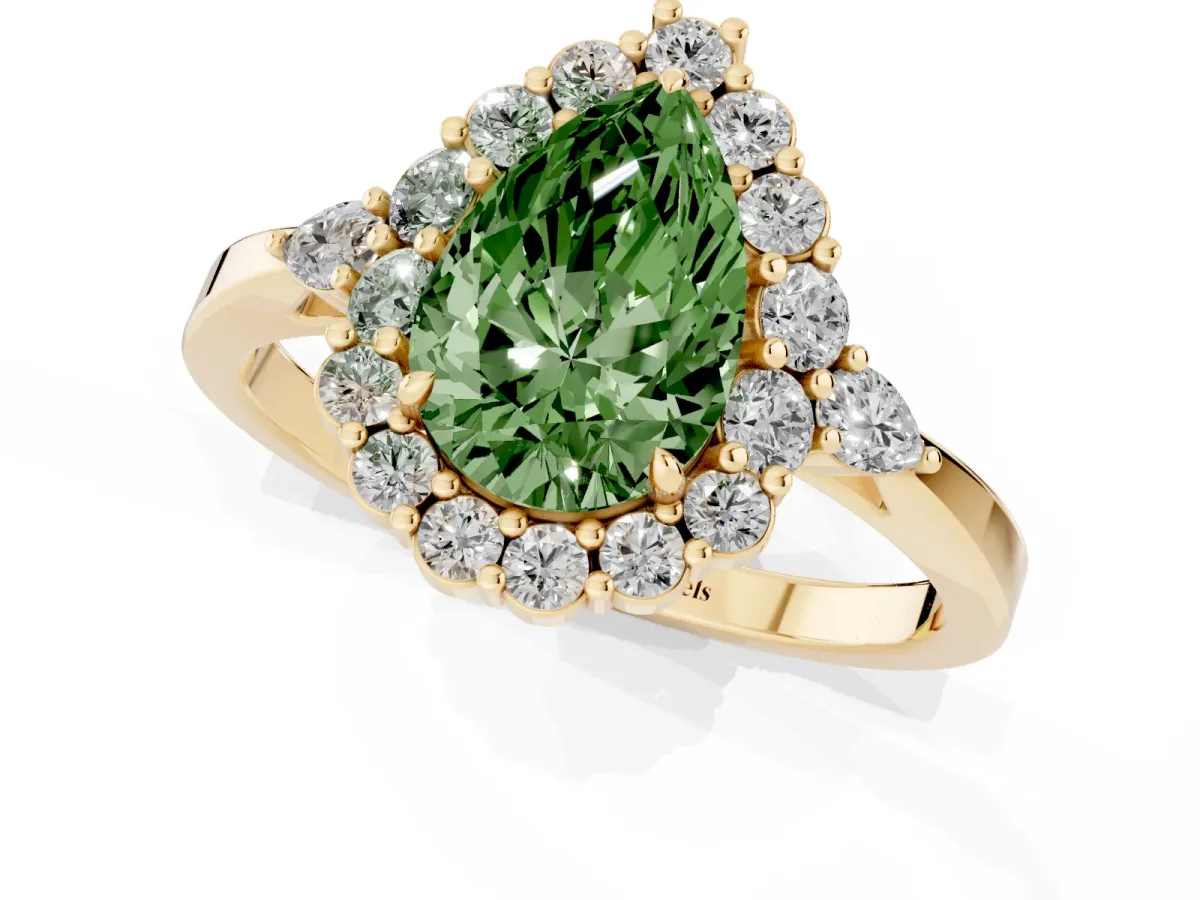 Fancy Green Pear Cut Diamond Halo Ring with Pear Side Stones and Prong Setting Yellow gold