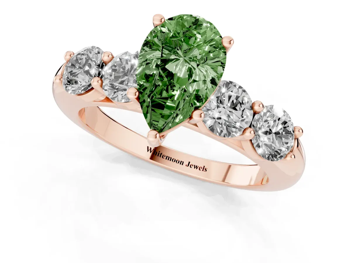 Fancy Green Pear Cut Cut Five-Stone Prong Set Diamond Ring with Classic Band Rose gold
