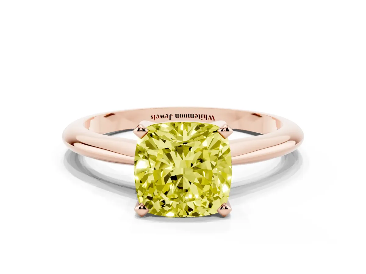 Fancy Yellow Cushion Cut Cut Solitaire Ring with Four-Prong Setting on a Classic Band Rose gold