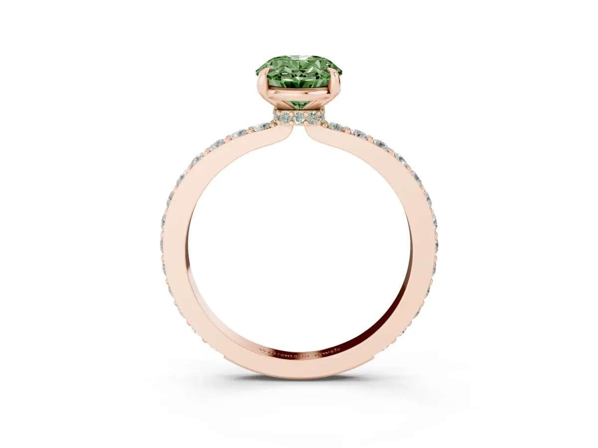 Fancy Green Oval Cut Diamond Pavé Engagement Ring with Round Accents and Prong Setting Rose gold