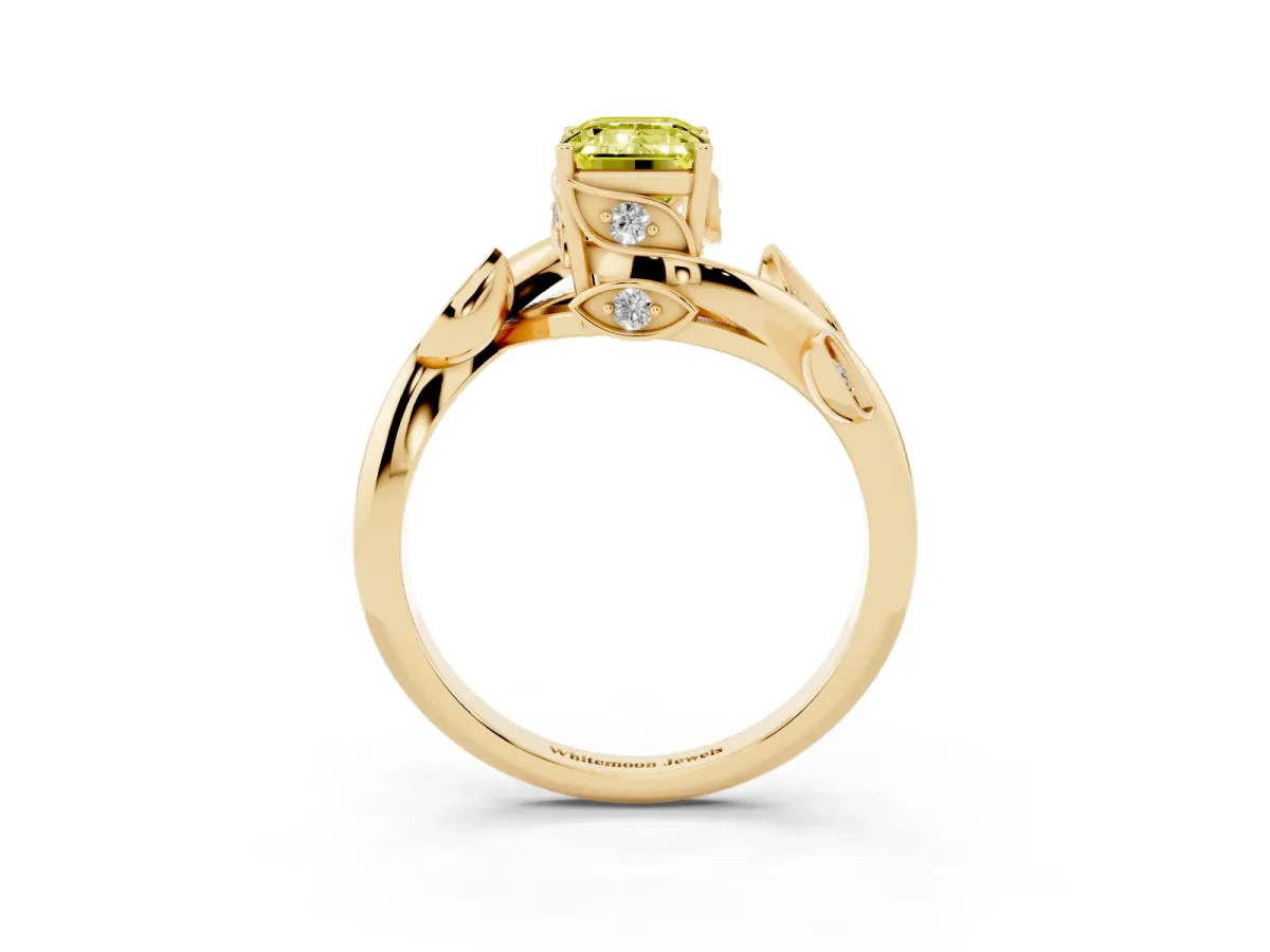 Fancy Yellow Emerald Cut Solitaire Twist Engagement Ring with Leaf Accents and Prong Setting Yellow gold