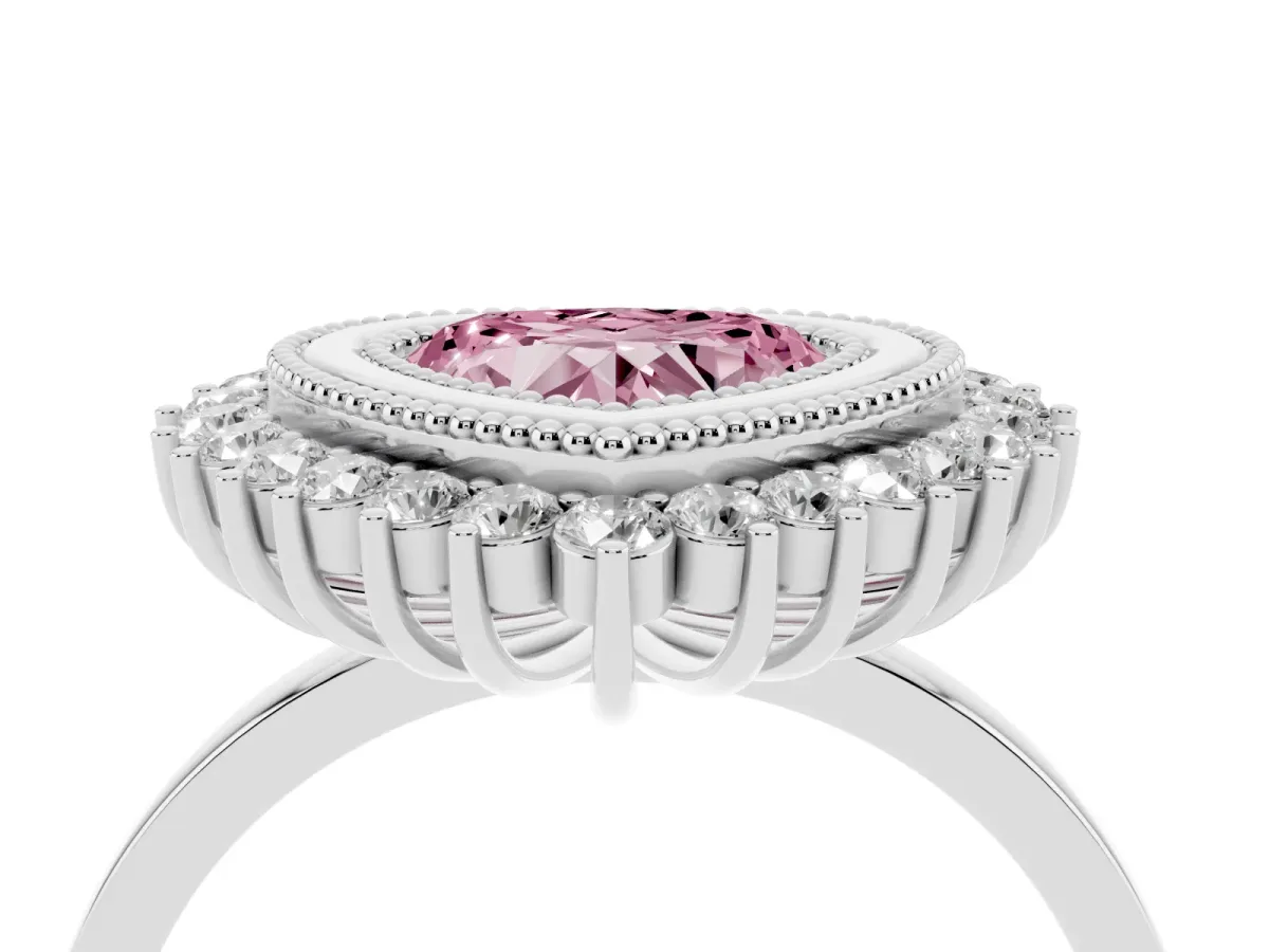 Fancy Pink Heart Cut Halo Diamond Ring with Milgrain Edge and Round Prong Setting Silver