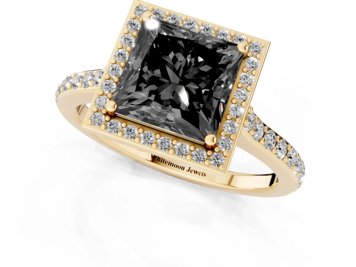 Fancy Black Princess Cut Diamond Halo Engagement Ring with Round Pavé Shoulders and Prong Setting Yellow gold