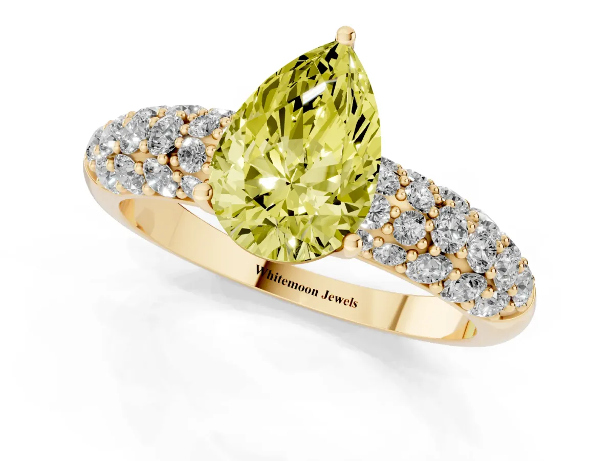Fancy Yellow Pear Cut Diamond Pavé Band Solitaire Ring with Four-Prong Setting Yellow gold