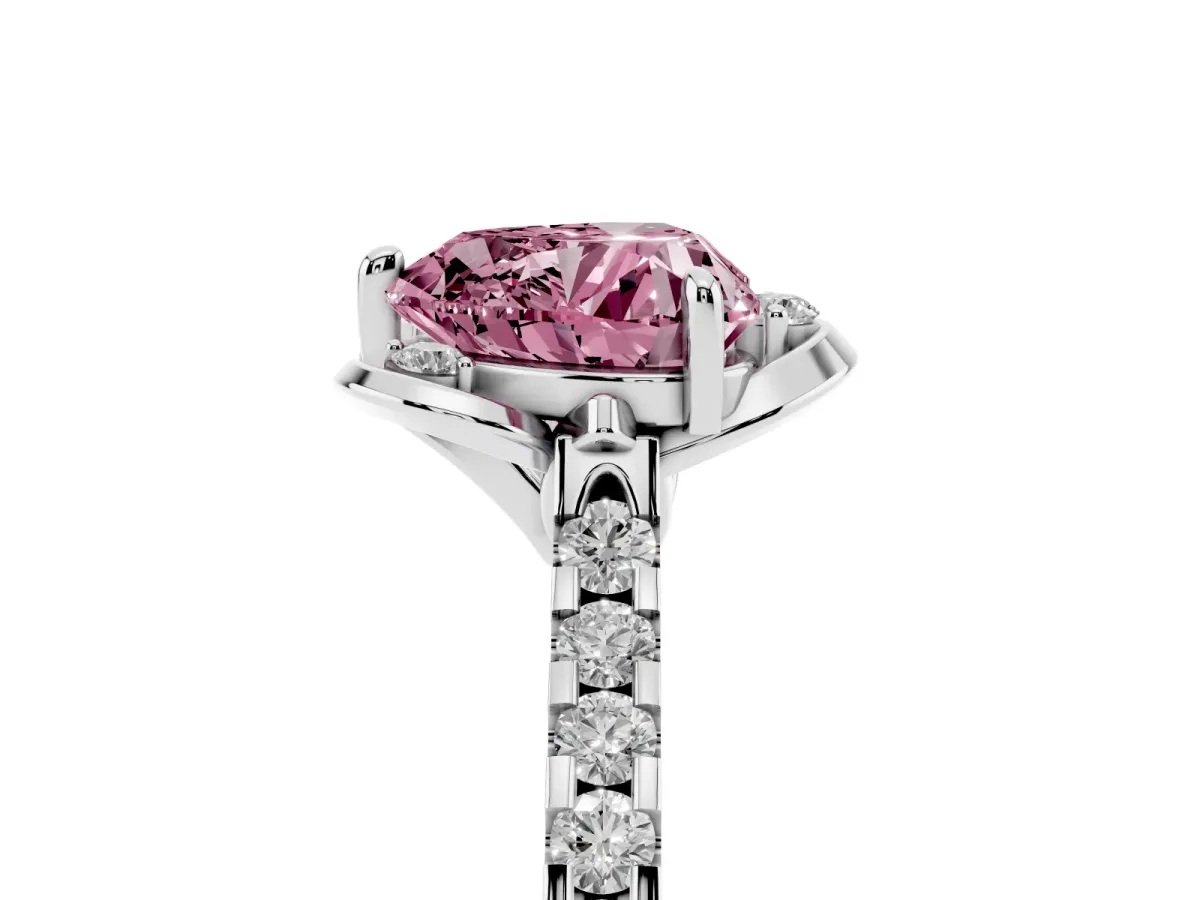 Fancy Pink Heart Cut Diamond Ring with Pavé Band and Floral Prong Setting Platinum