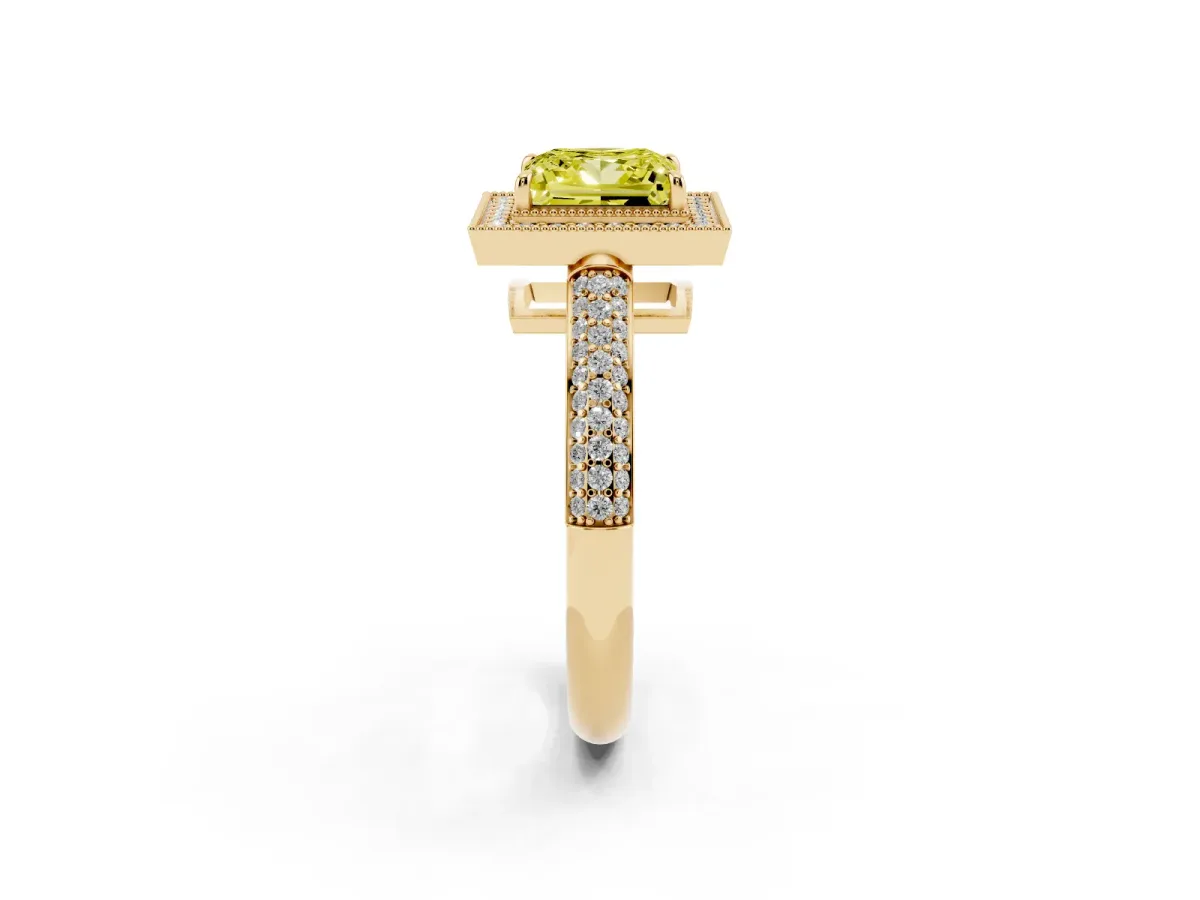 Fancy Yellow Princess Cut Cut Halo Diamond Pave Band with Four-Prong Setting Yellow gold