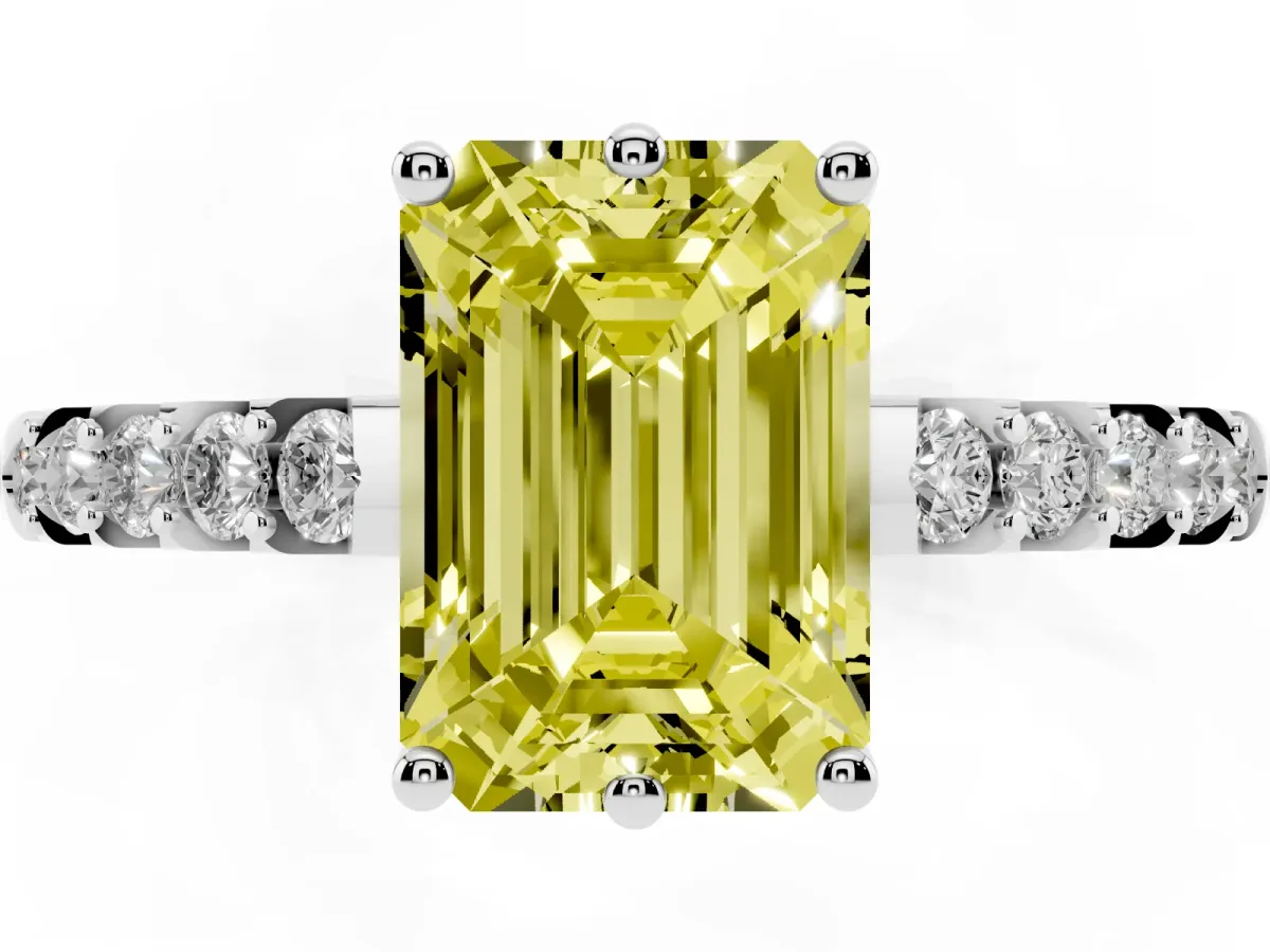 Fancy Yellow Emerald Cut Solitaire Diamond Engagement Ring with Pavé Band and Six-Prong Setting Silver