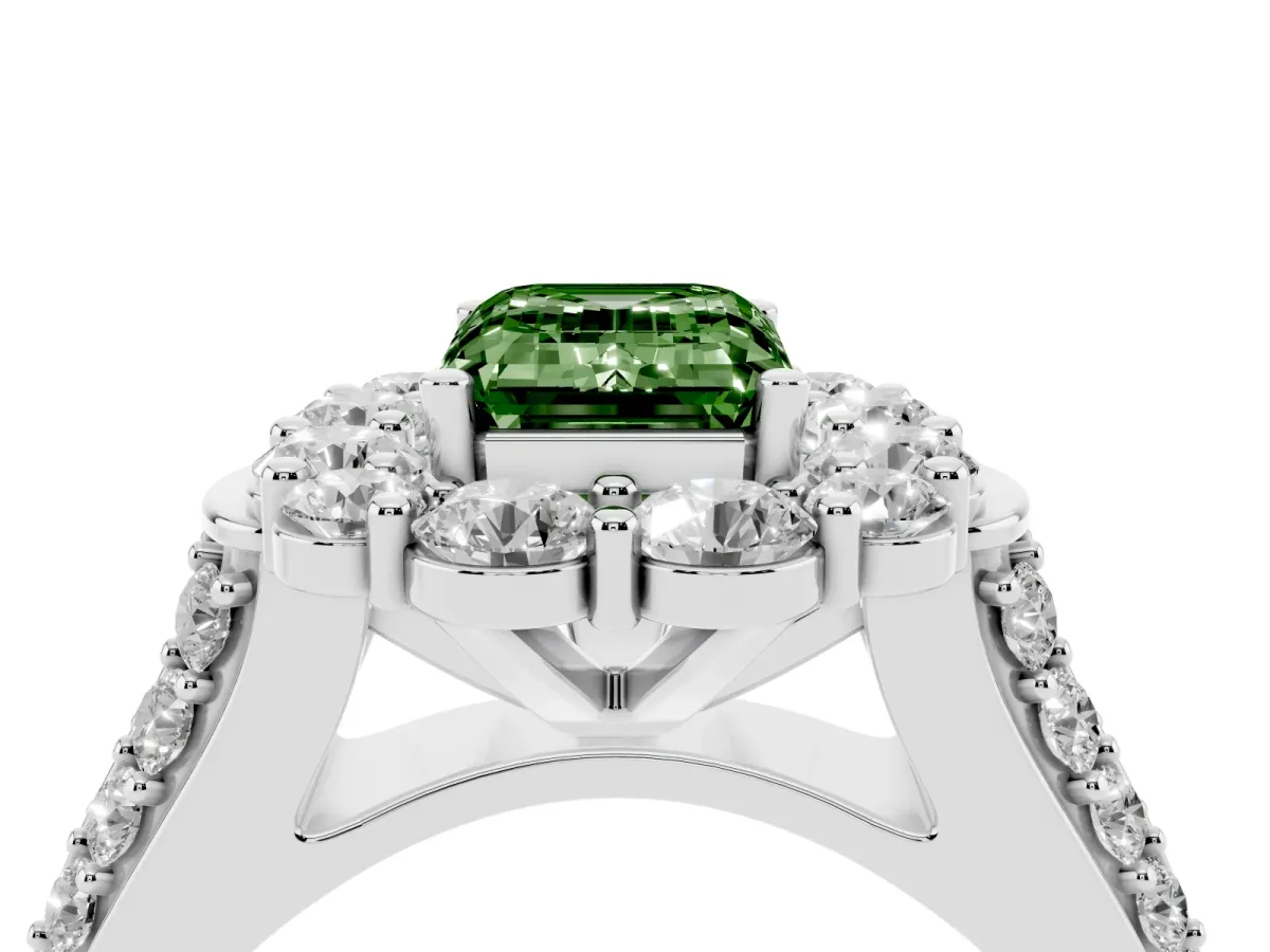 Fancy Green Emerald Cut Halo Diamond Engagement Ring with Split Shank and Prong Setting Silver