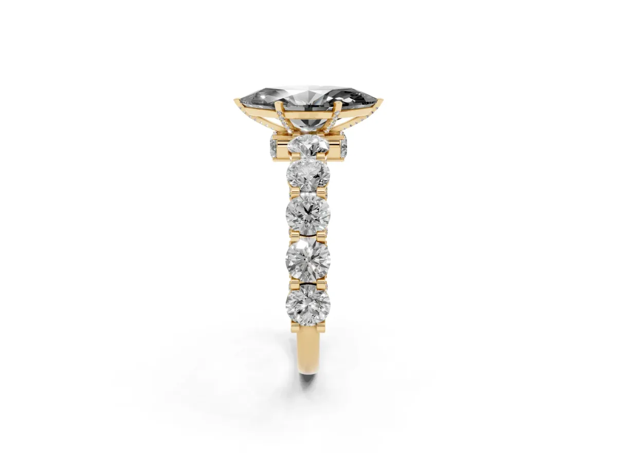 Fancy Black Marquise Cut Diamond Side Stone Engagement Ring with Four-Prong Setting Yellow gold