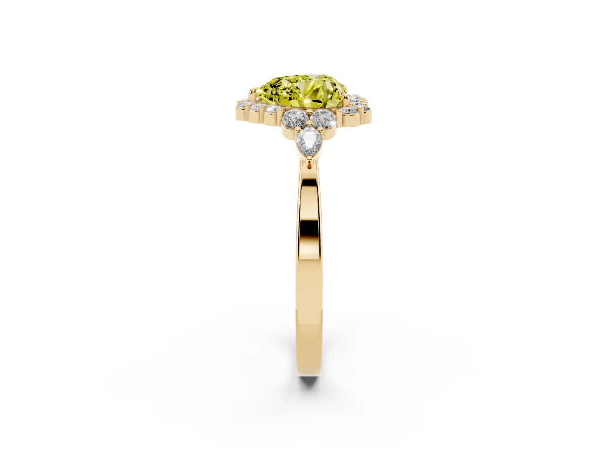 Fancy Yellow Heart Cut Diamond Halo Ring with Pear Side Stones and Prong Setting Yellow gold