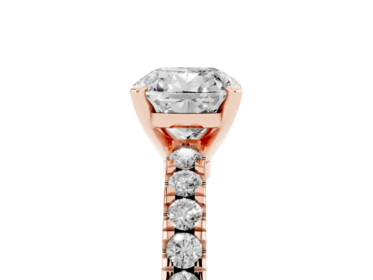 Cushion Cut Solitaire Diamond with Pavé Band and Four-Prong Setting Rose gold