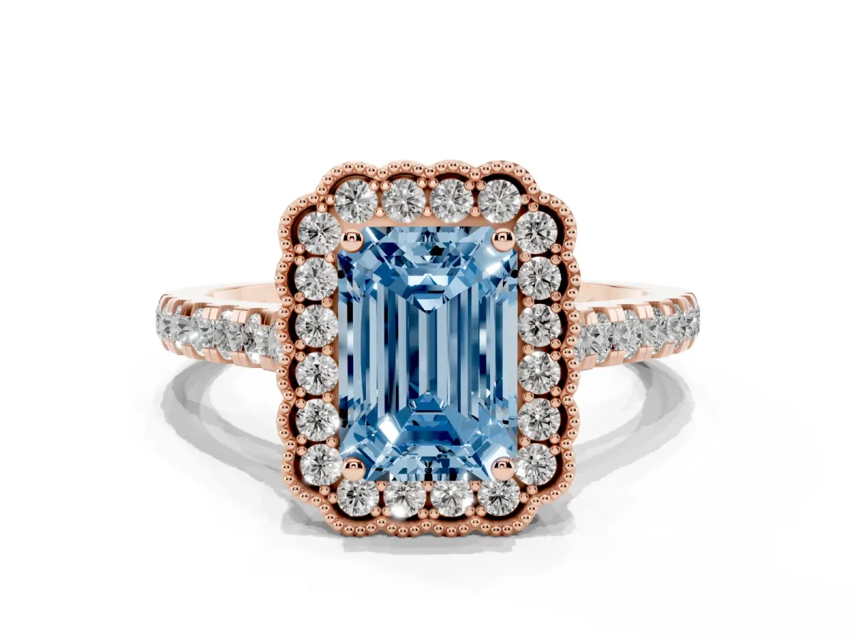 Fancy Blue Emerald Cut Cut Diamond Milgrain Floral Halo Engagement Ring with Pavé Band Rose gold