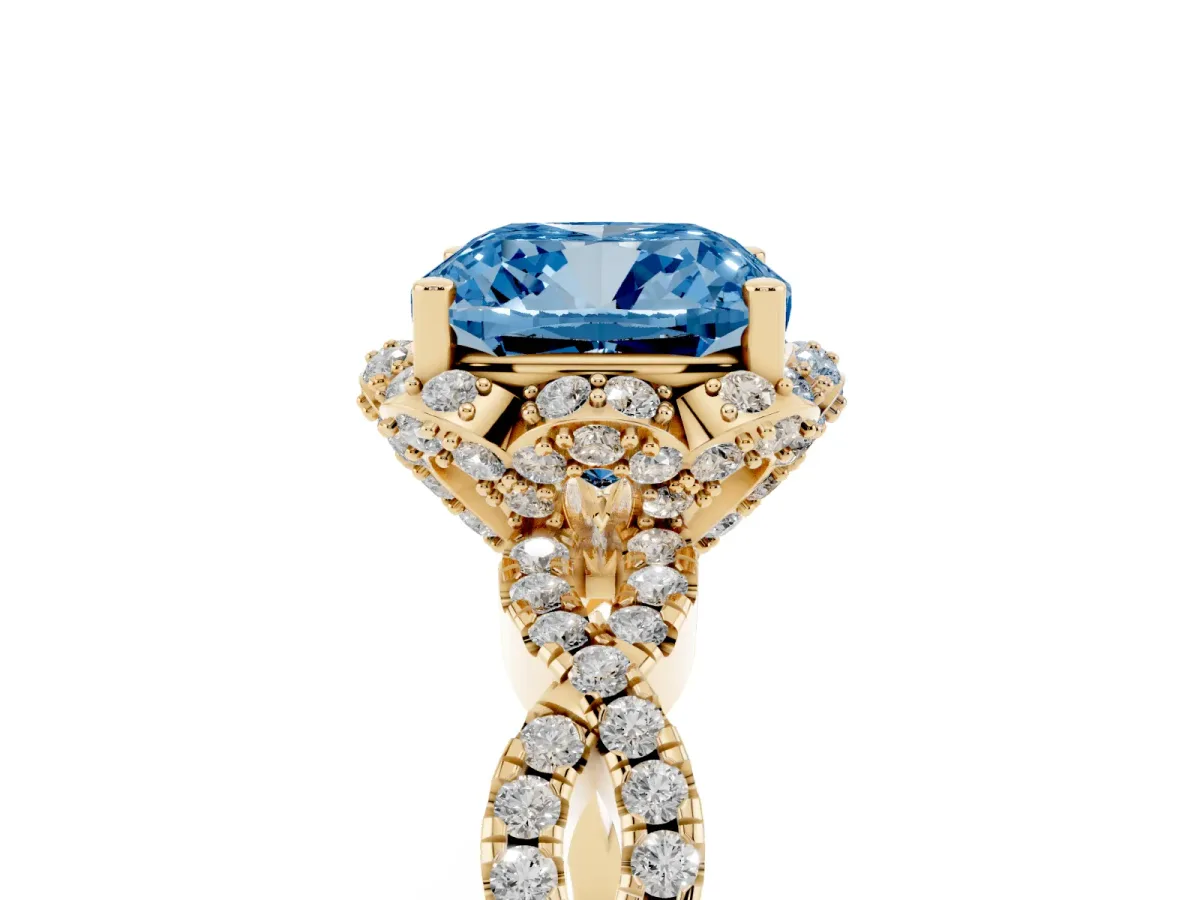 Fancy Blue Cushion Cut Halo Twist Band Solitaire Ring with Six-Prong Setting Yellow gold