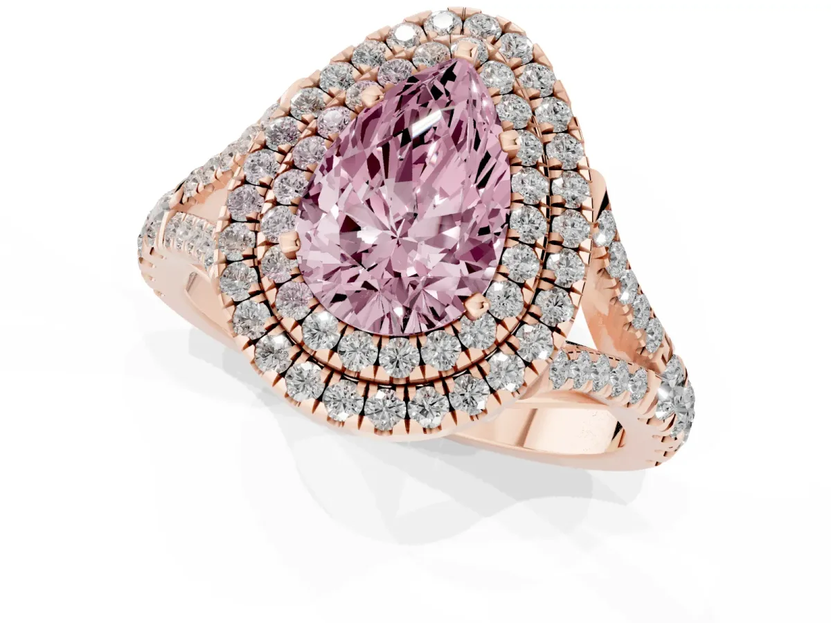 Fancy Pink Double Halo Pear Cut Diamond Split Shank Engagement Ring with Four-Prong Setting Rose gold