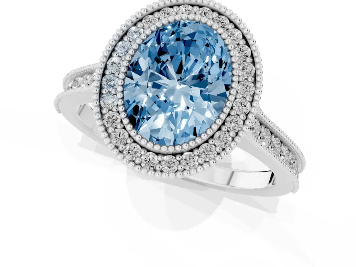 Fancy Blue Halo Oval Cut-Cut Diamond Pave Band Milgrain Prong Setting Ring Silver
