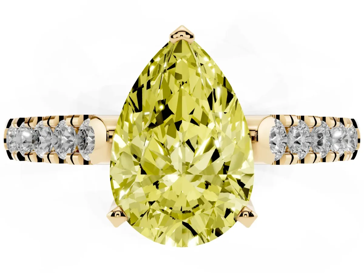 Fancy Yellow Pear Cut Diamond Pavé Band Solitaire Ring with Prong Setting Yellow gold