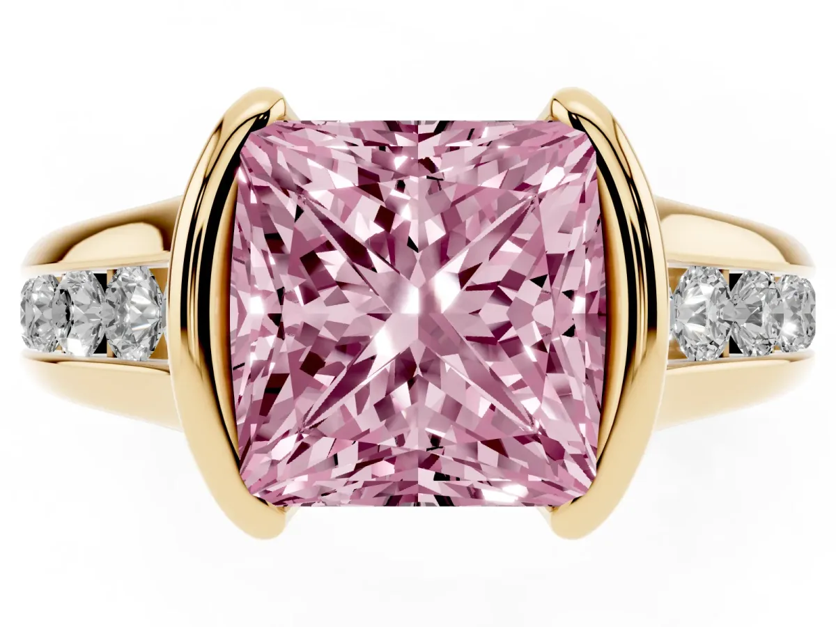 Fancy Pink Princess Cut Solitaire Bezel-Set Diamond Ring with Channel-Set Band Yellow gold