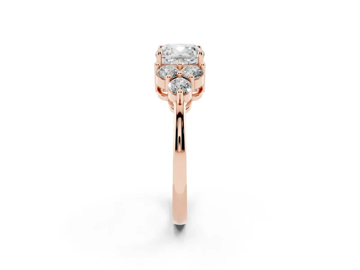 Cushion Cut Brilliant Diamond Cluster Accent Solitaire Ring with Prong Setting Rose gold