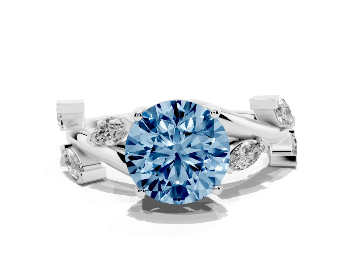 Fancy Blue Round Cut Solitaire Twisted Band Marquise Accent Prong Setting Ring White gold