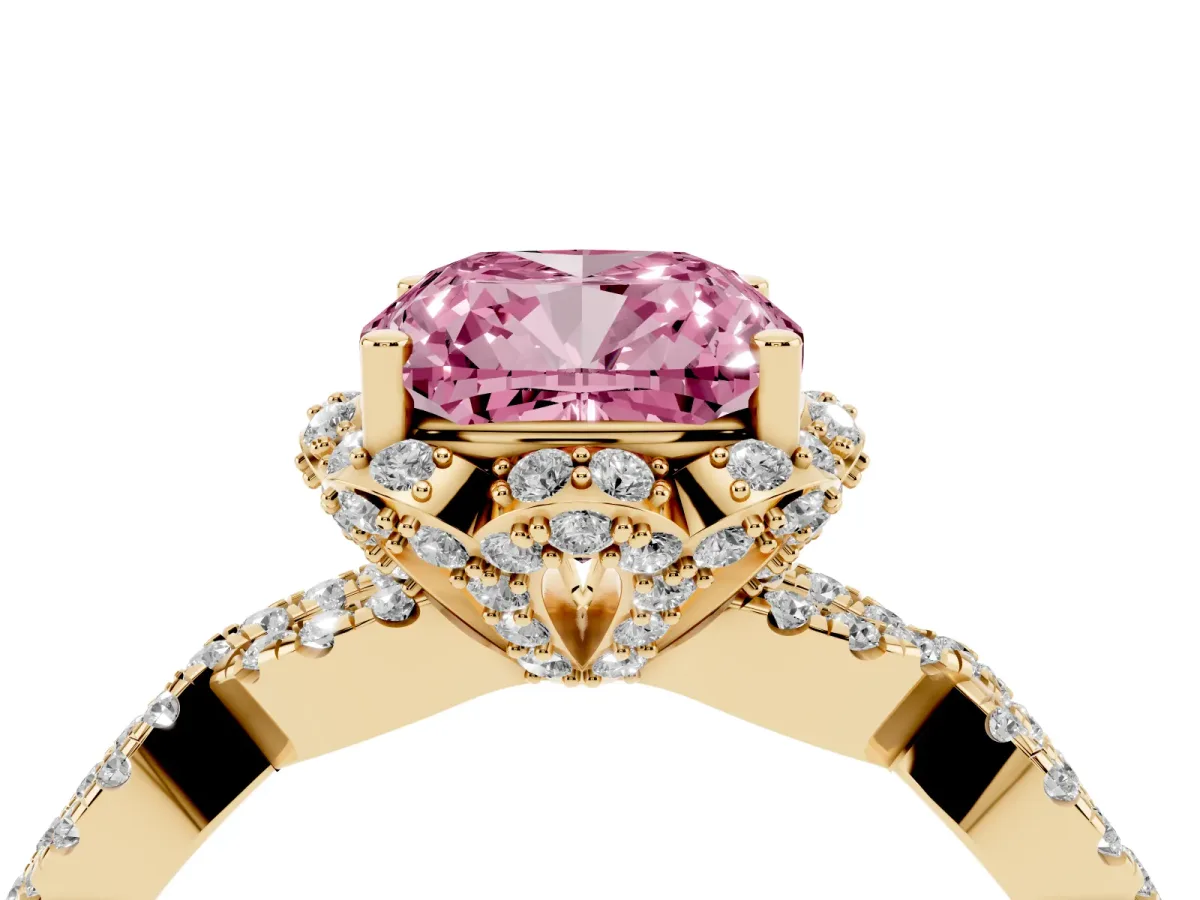Fancy Pink Cushion Cut Halo Twist Band Solitaire Ring with Six-Prong Setting Yellow gold
