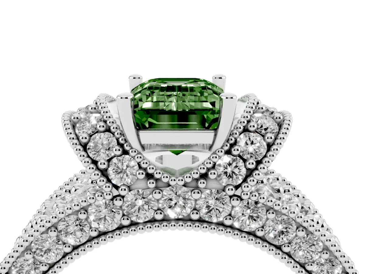 Fancy Green Emerald Cut Halo Pave Diamond Engagement Ring with Milgrain Detailing White gold