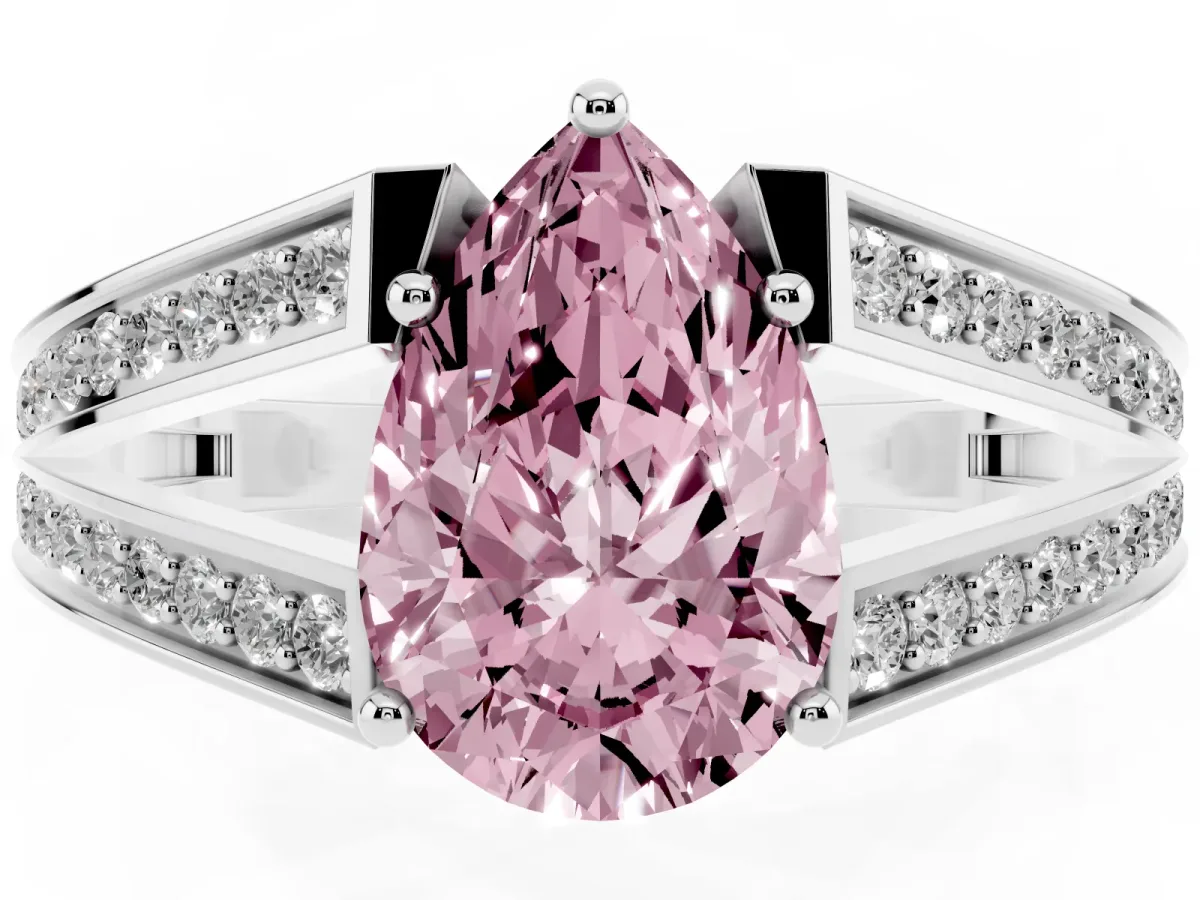 Fancy Pink Pear Cut Diamond Split Shank Ring with Pavé Band and Four-Prong Setting White gold