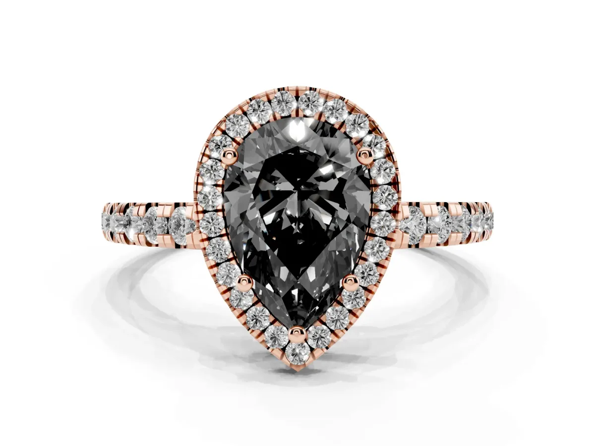 Fancy Black Pear Cut Diamond Halo Ring with Pavé Band and Four-Prong Setting Rose gold