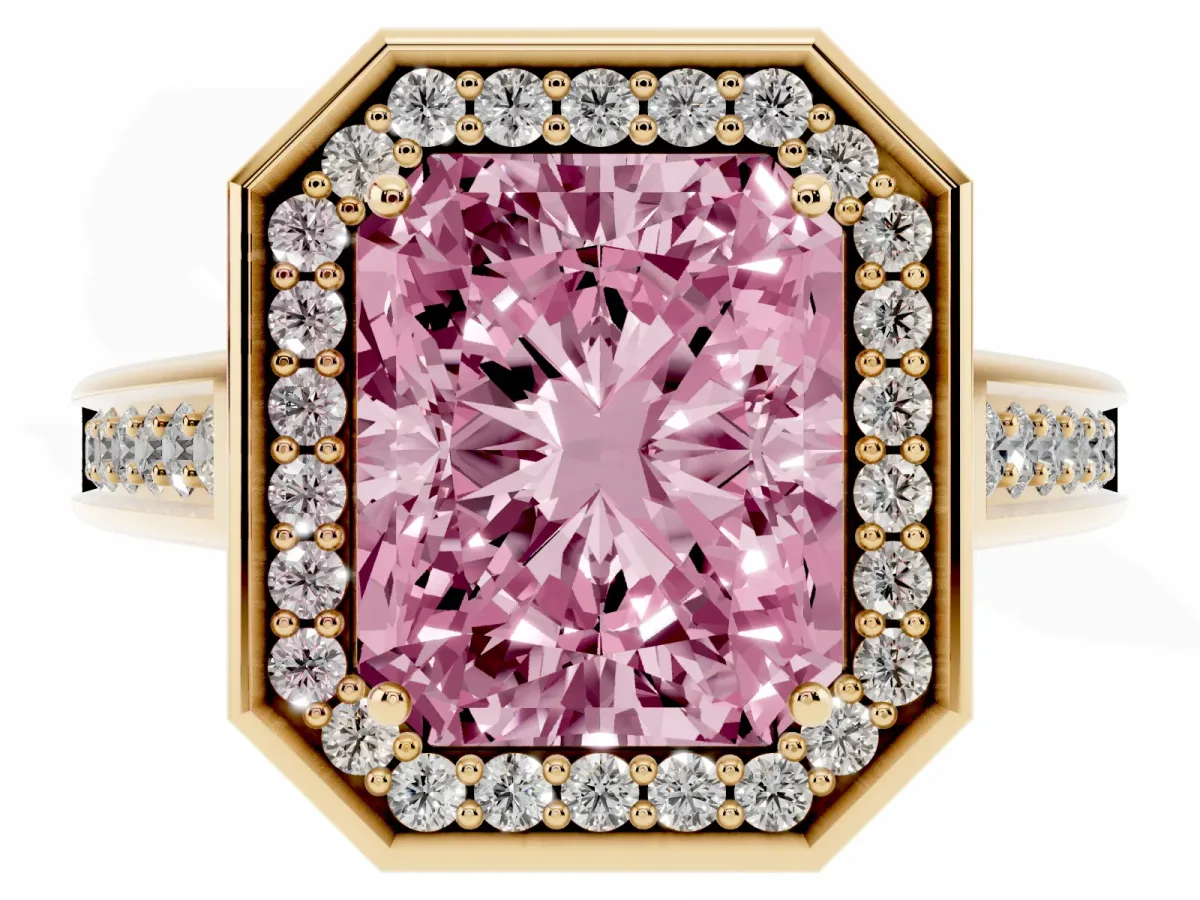 Fancy Pink Emerald Cut Halo Solitaire Diamond Ring with Pave Band and Bezel Setting Yellow gold