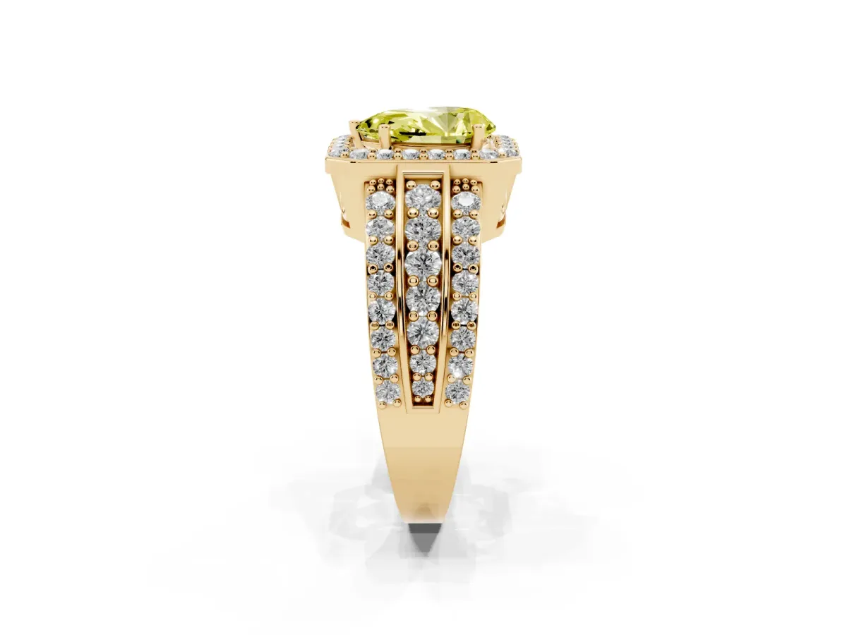 Fancy Yellow Pear Cut Halo Diamond Ring with Round Split Shank and Prong Setting Yellow gold