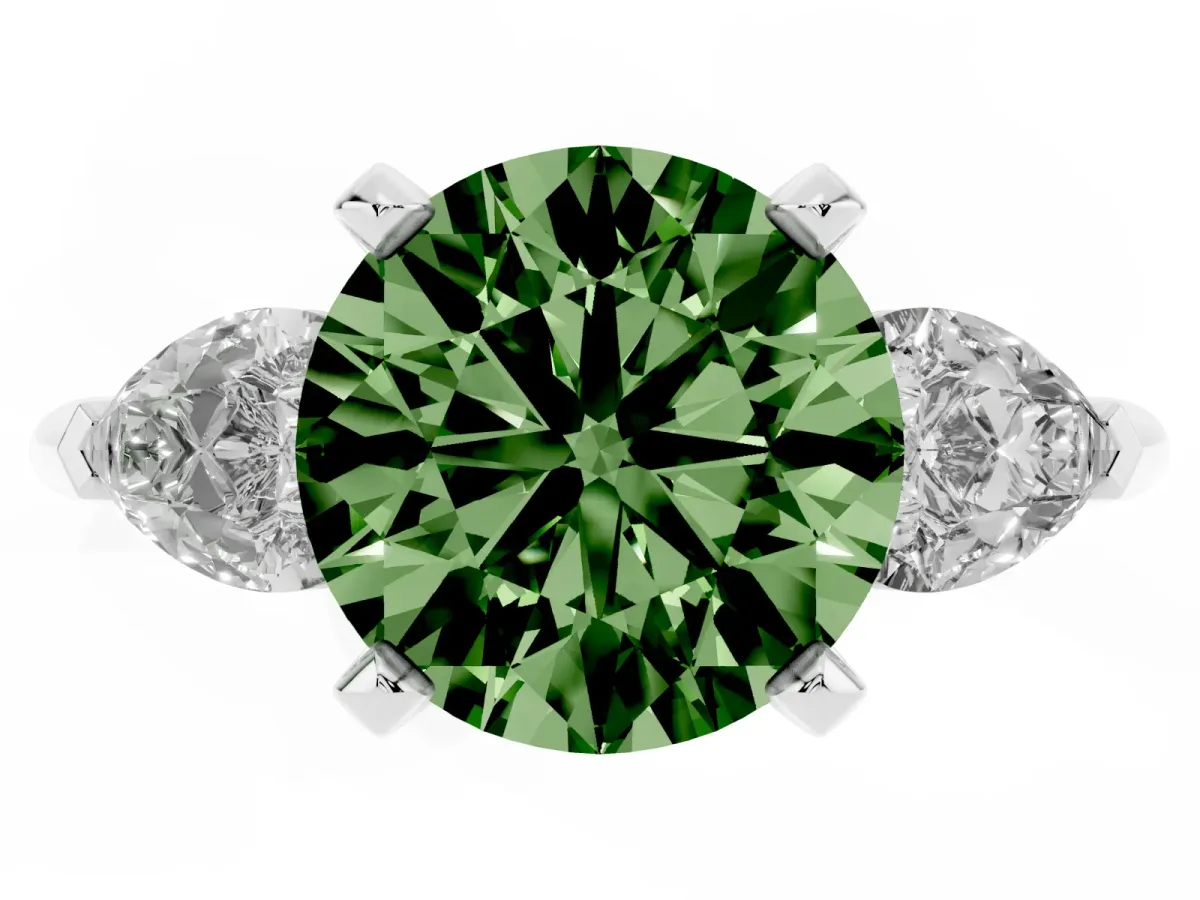 Fancy Green Three-Stone Round Cut Diamond Ring with Pear Side Stones and Four-Prong Setting Platinum
