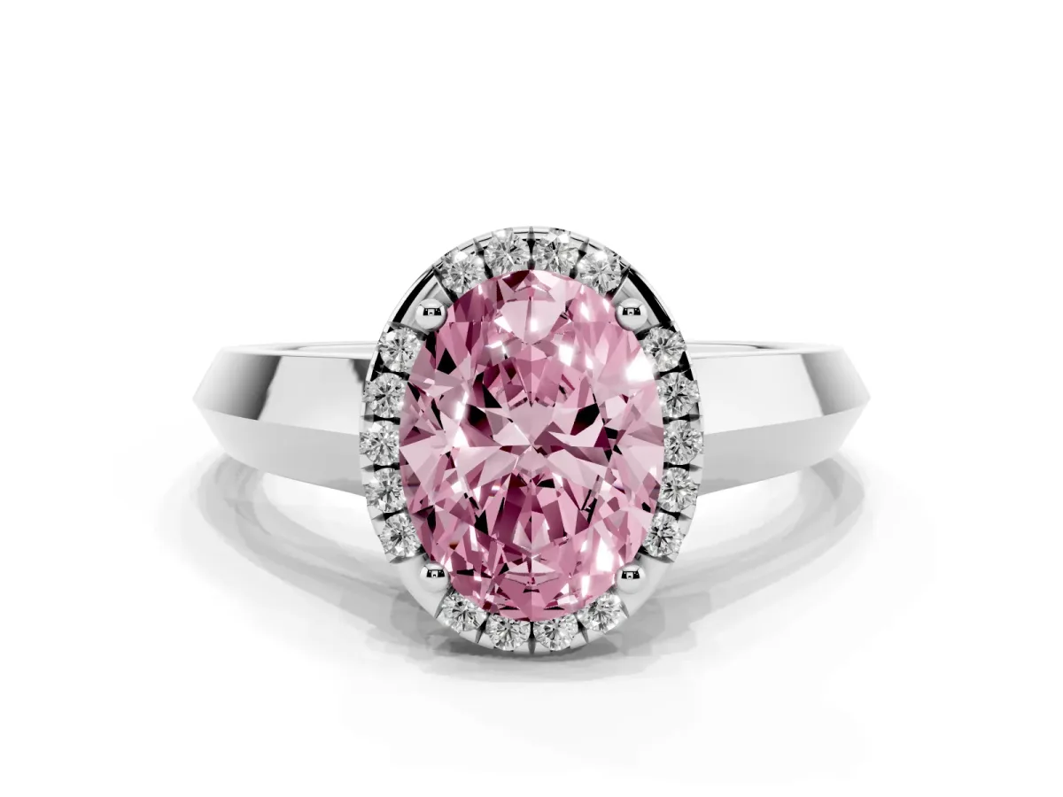 Fancy Pink Oval Cut Halo Diamond Ring with Cathedral Band and Four-Prong Setting Silver