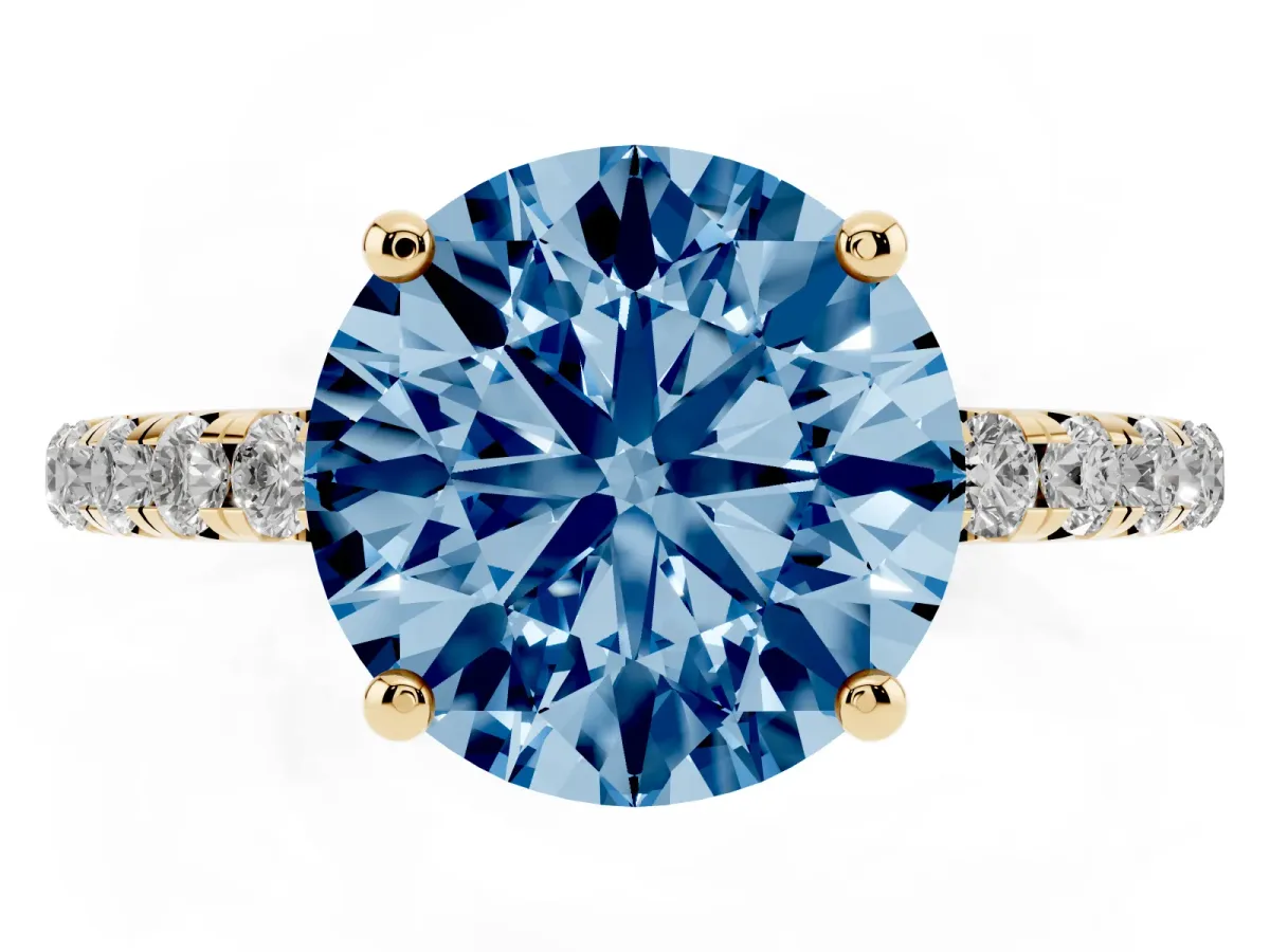Fancy Blue Round Cut Cut Diamond Solitaire Ring with Micro Pave Band and Four Prong Setting Yellow gold