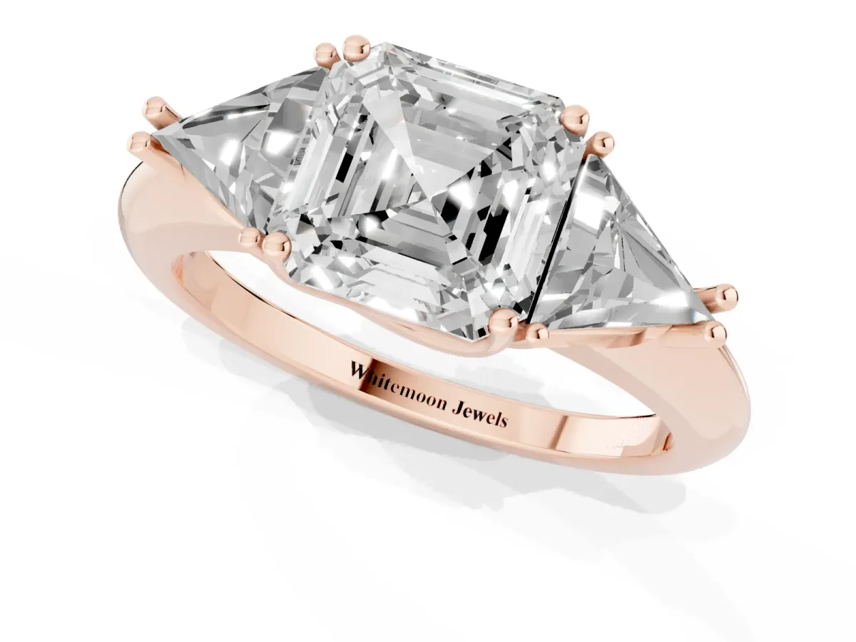 Three-Stone Asscher Cut Diamond Engagement Ring with Trillion Side Stones and Prong Setting Rose gold