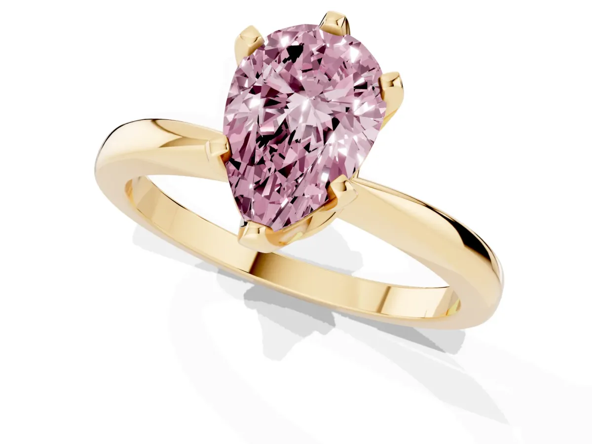 Fancy Pink Pear Cut Solitaire Engagement Ring with Six-Prong Setting and Tapered Band Yellow gold