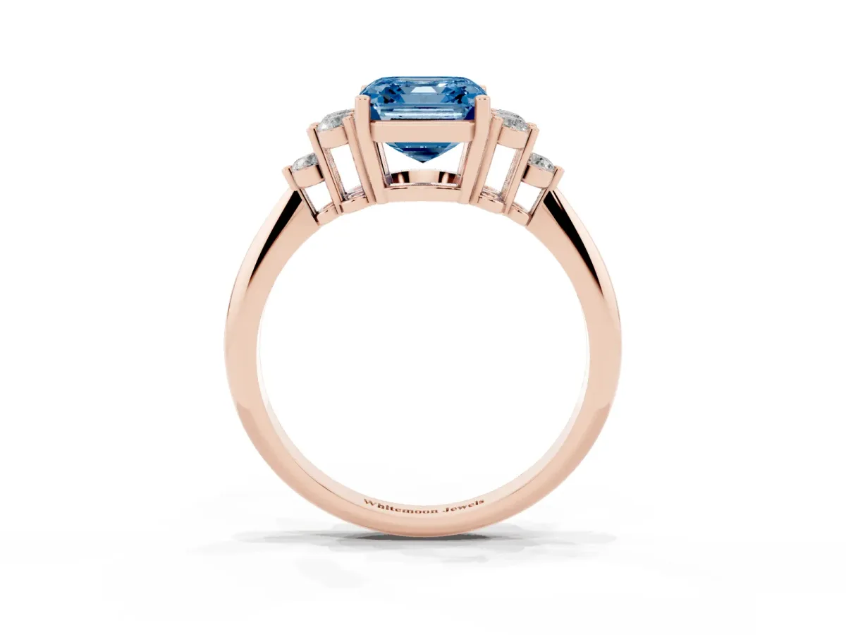 Fancy Blue Asscher Cut Cut Diamond Cluster Ring with Solitaire Band and Four-Prong Setting Rose gold