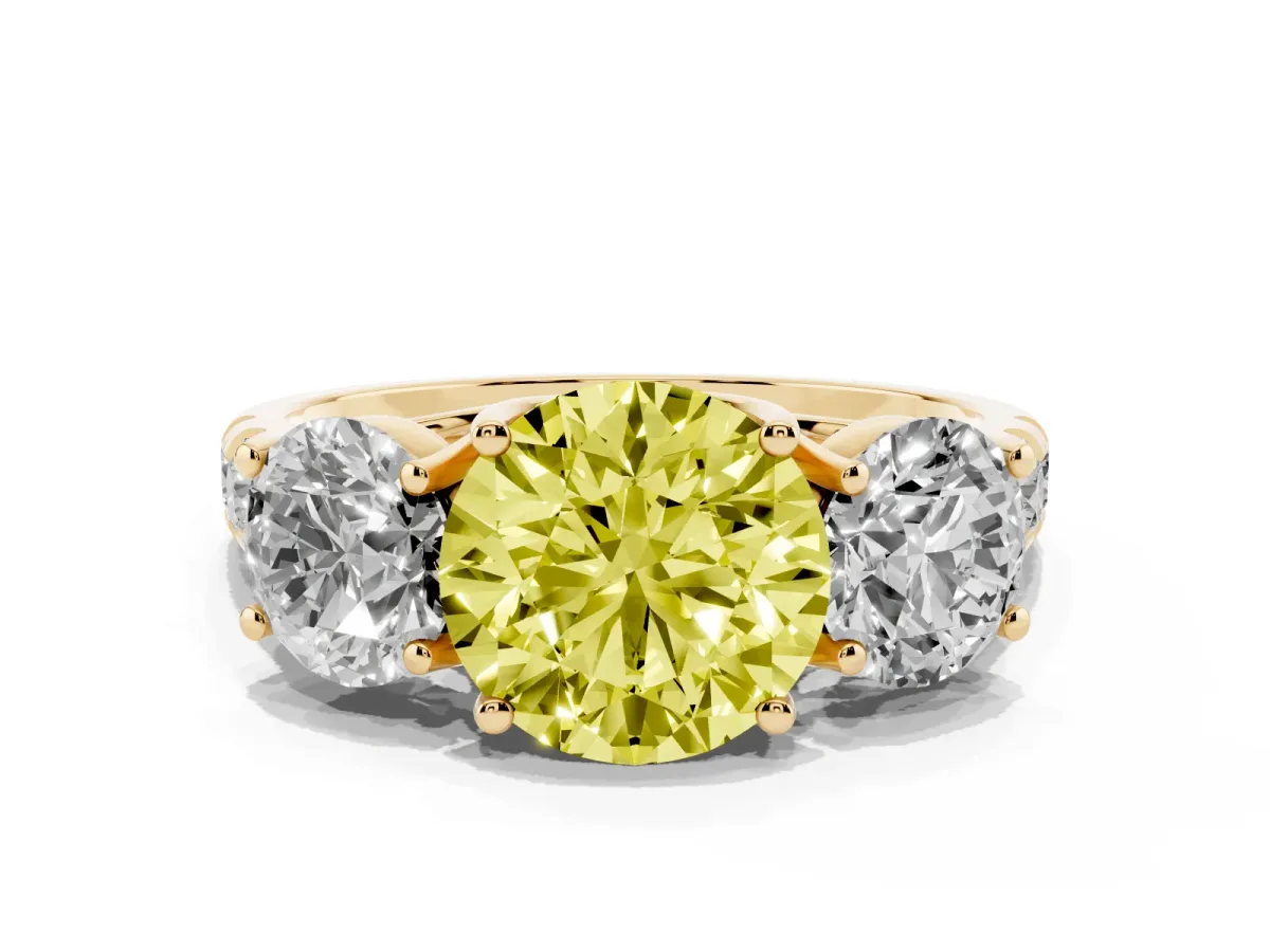 Fancy Yellow Three-Stone Round Cut Diamond Pavé Band with Prong Setting Yellow gold